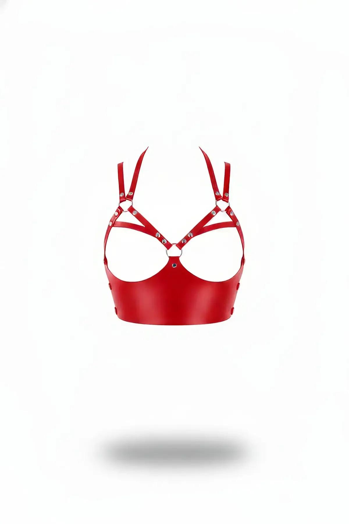 Red Open Cup Bustier Harness with Studded Straps