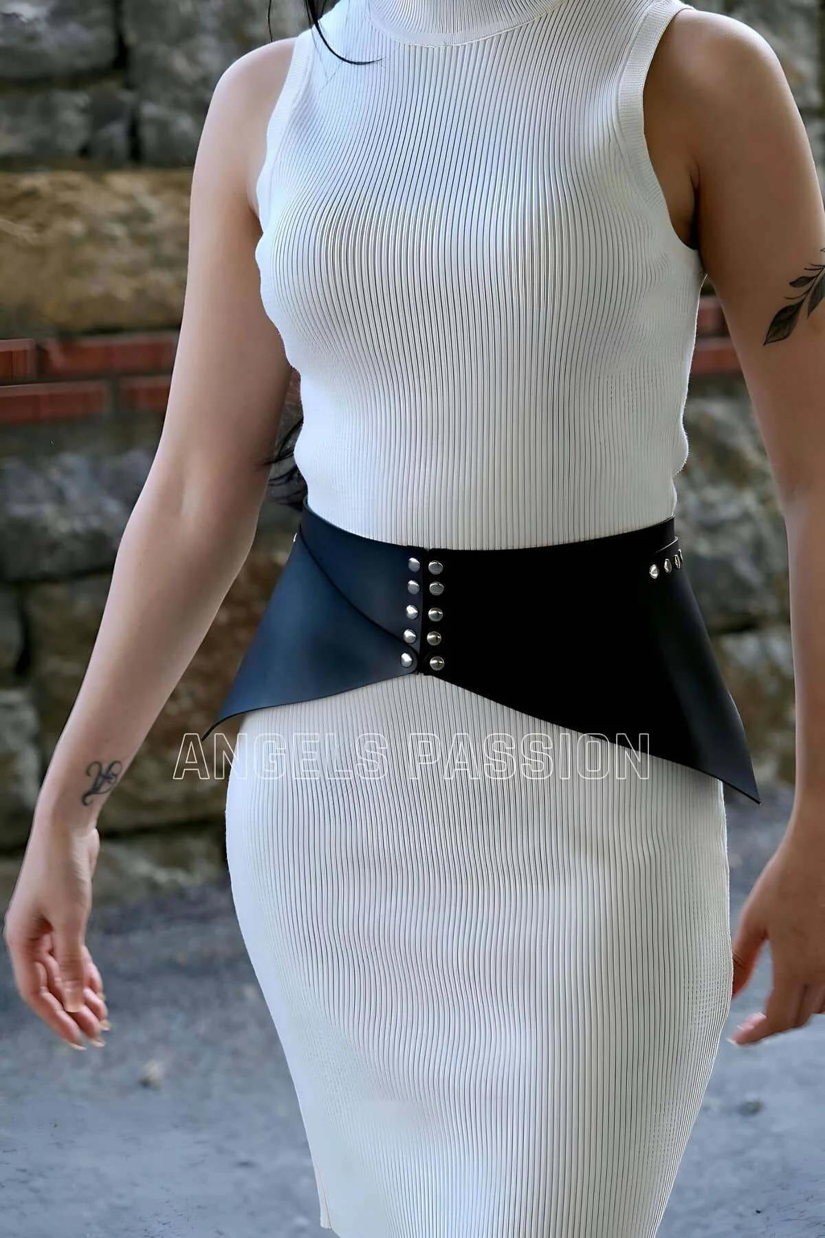 Womens Studded Waist Belt - Adjustable Faux Leather Corset
