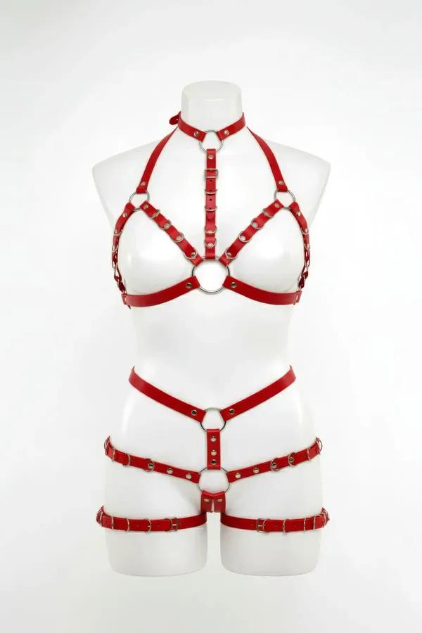 Red Faux Leather Full Body Harness with O-Ring Detail