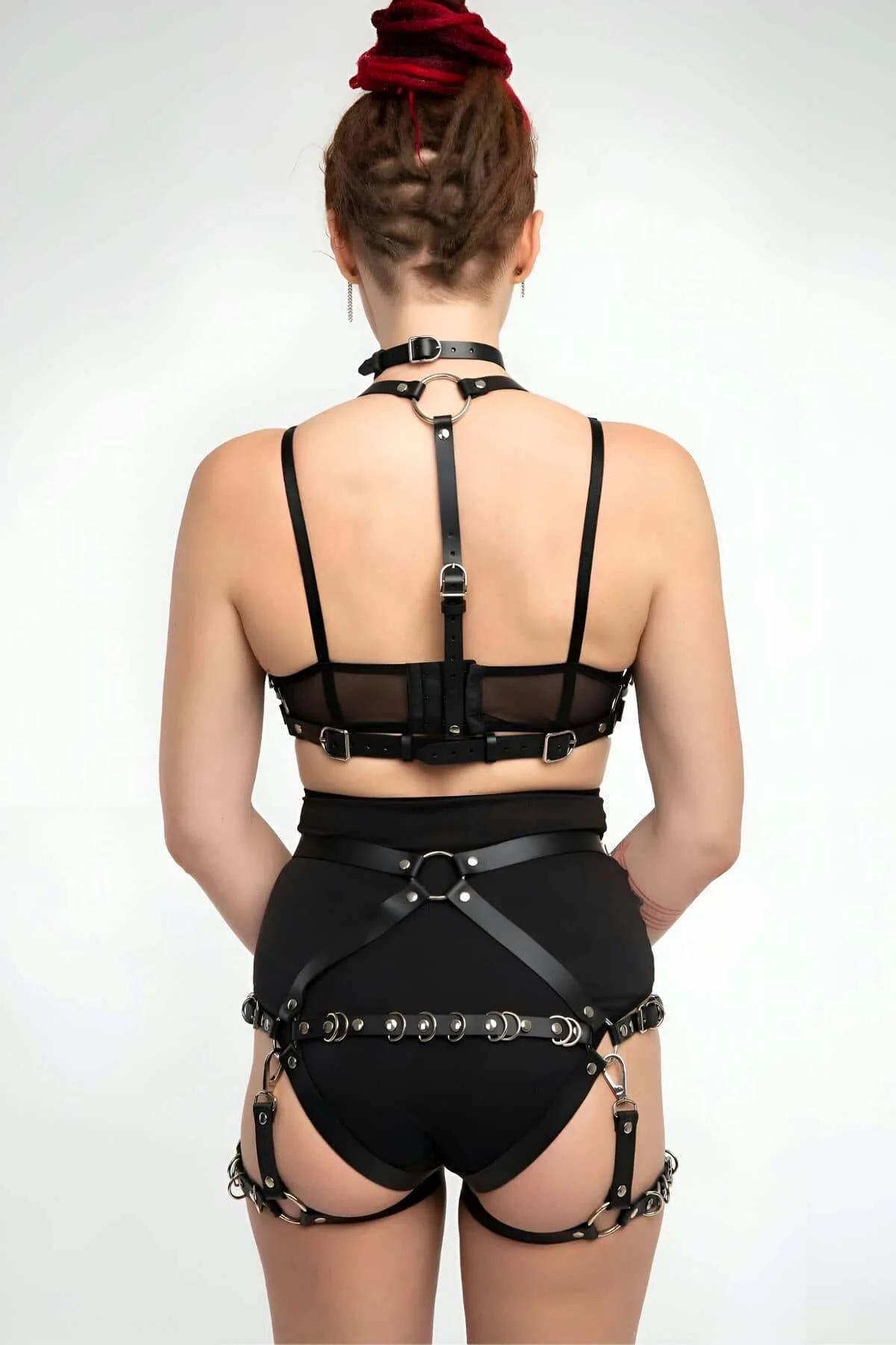 Leather Body Harness Set - Adjustable Straps & Garter Detail