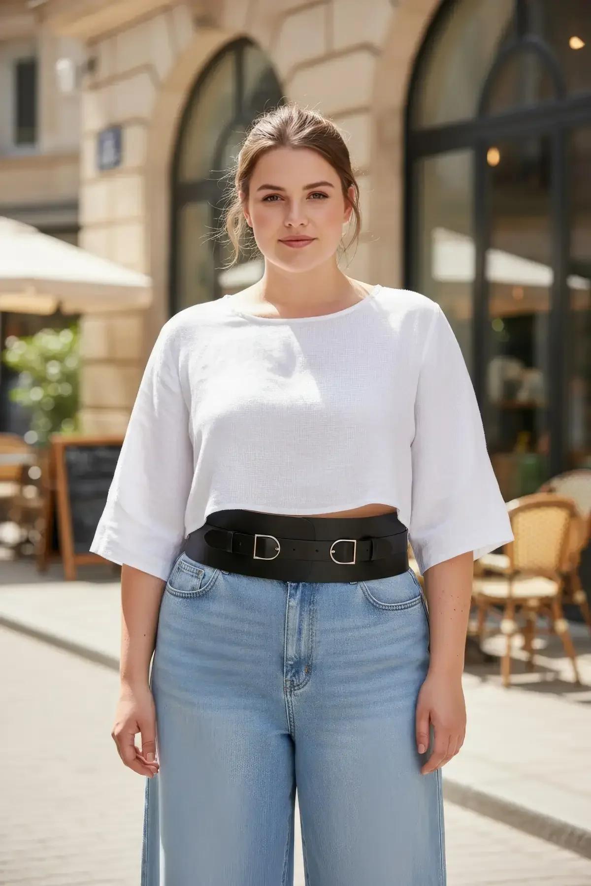 Wide Faux Leather Waist Harness Belt with Double Buckle