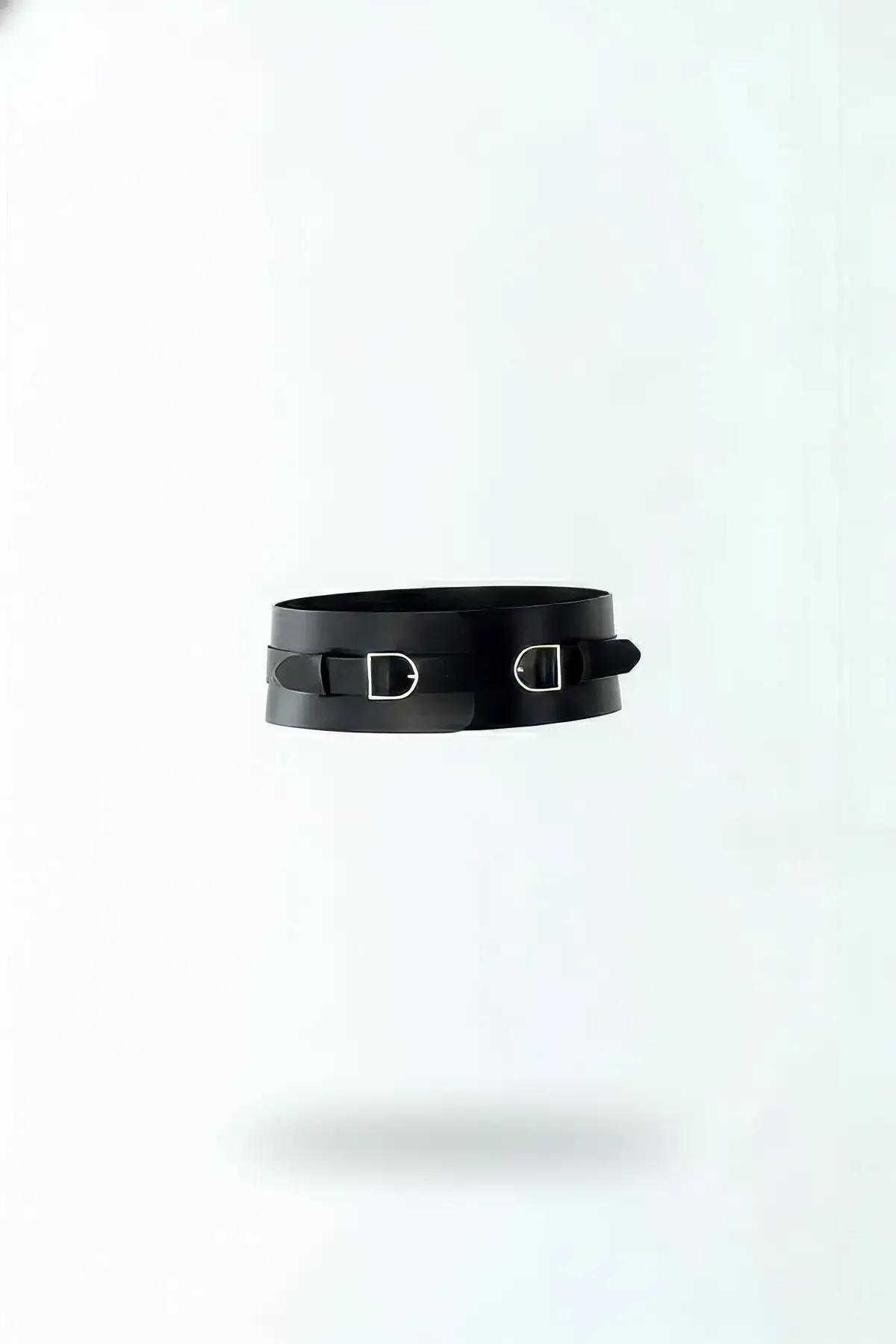Wide Faux Leather Waist Harness Belt with Double Buckles