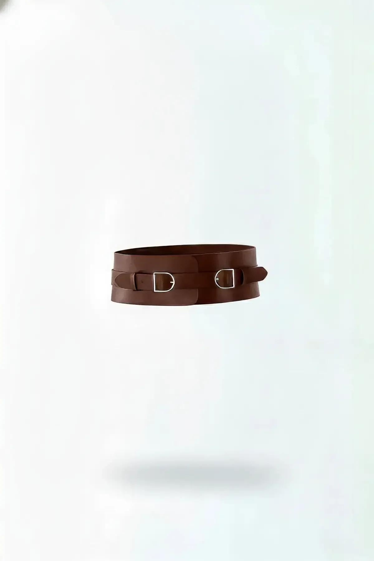 Wide Faux Leather Waist Belt with Dual D-Buckle Closure
