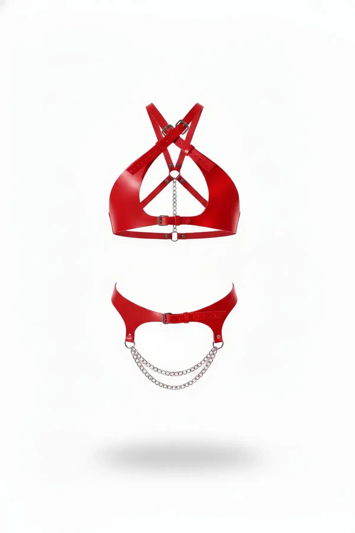 Red Halter Harness Top & Waist Belt with Draping Chains