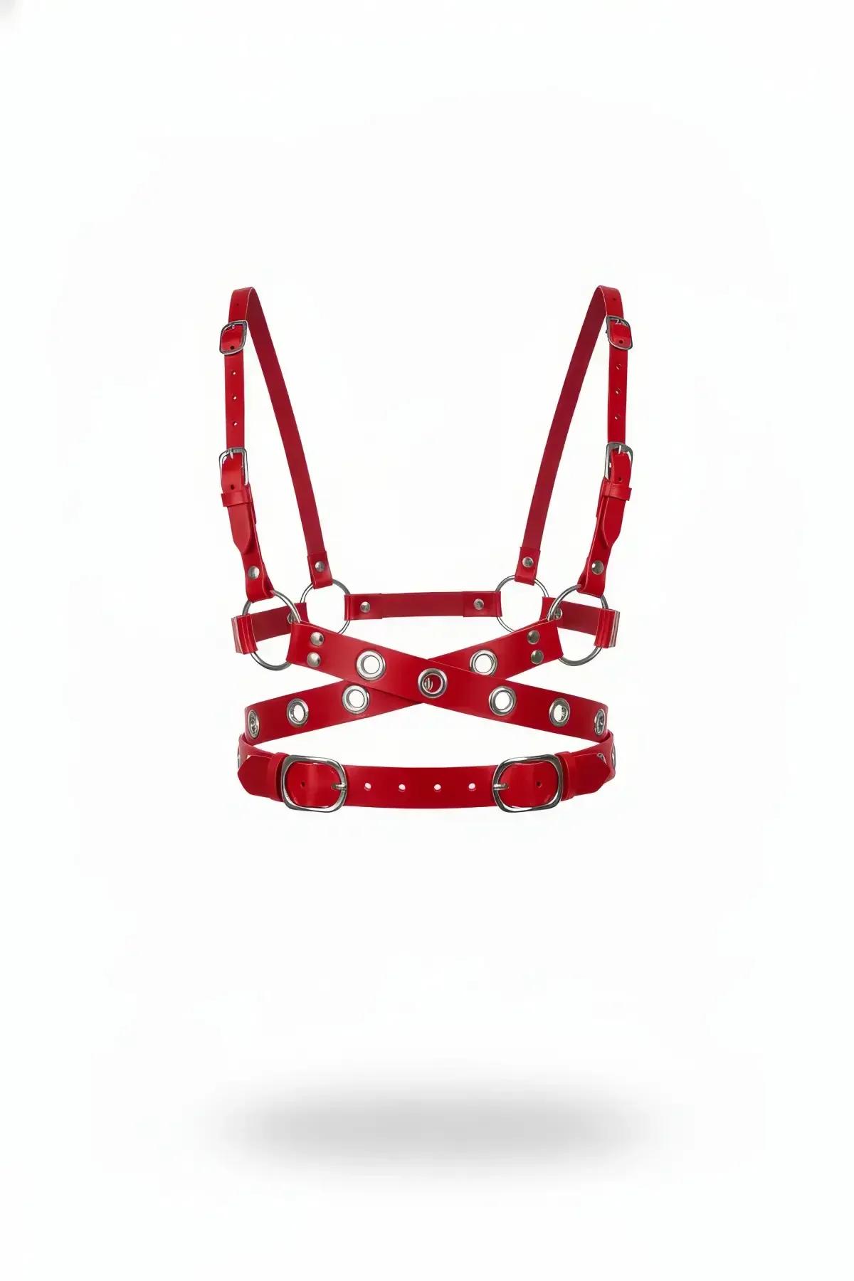 Red Faux Leather Chest Harness with O-Rings & Buckles