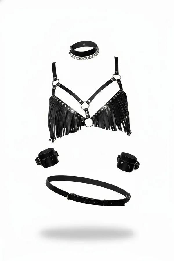 Fringe Harness Bralette Set with Choker & Cuffs