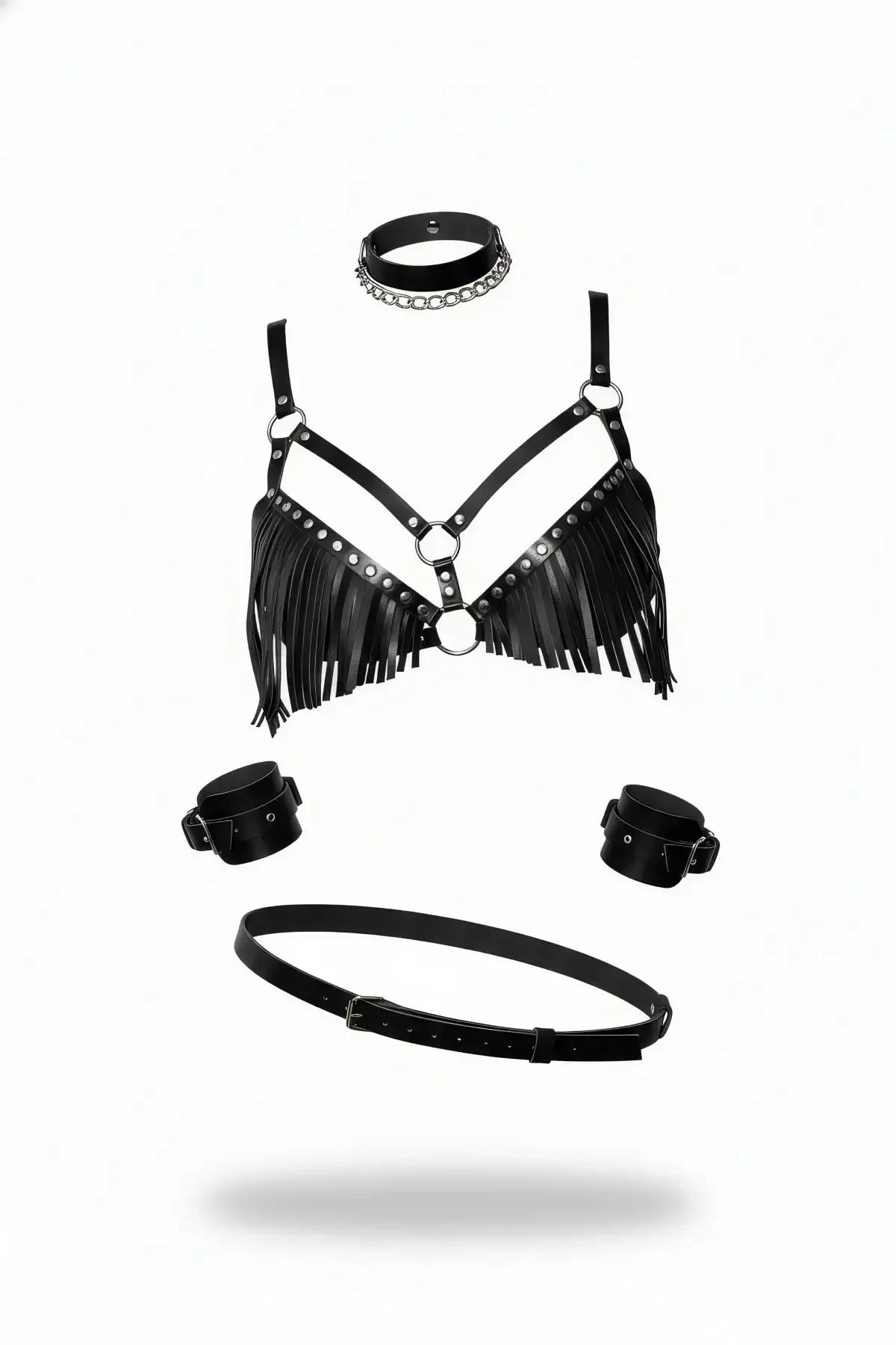 Fringe Harness Bralette Set with Choker & Cuffs