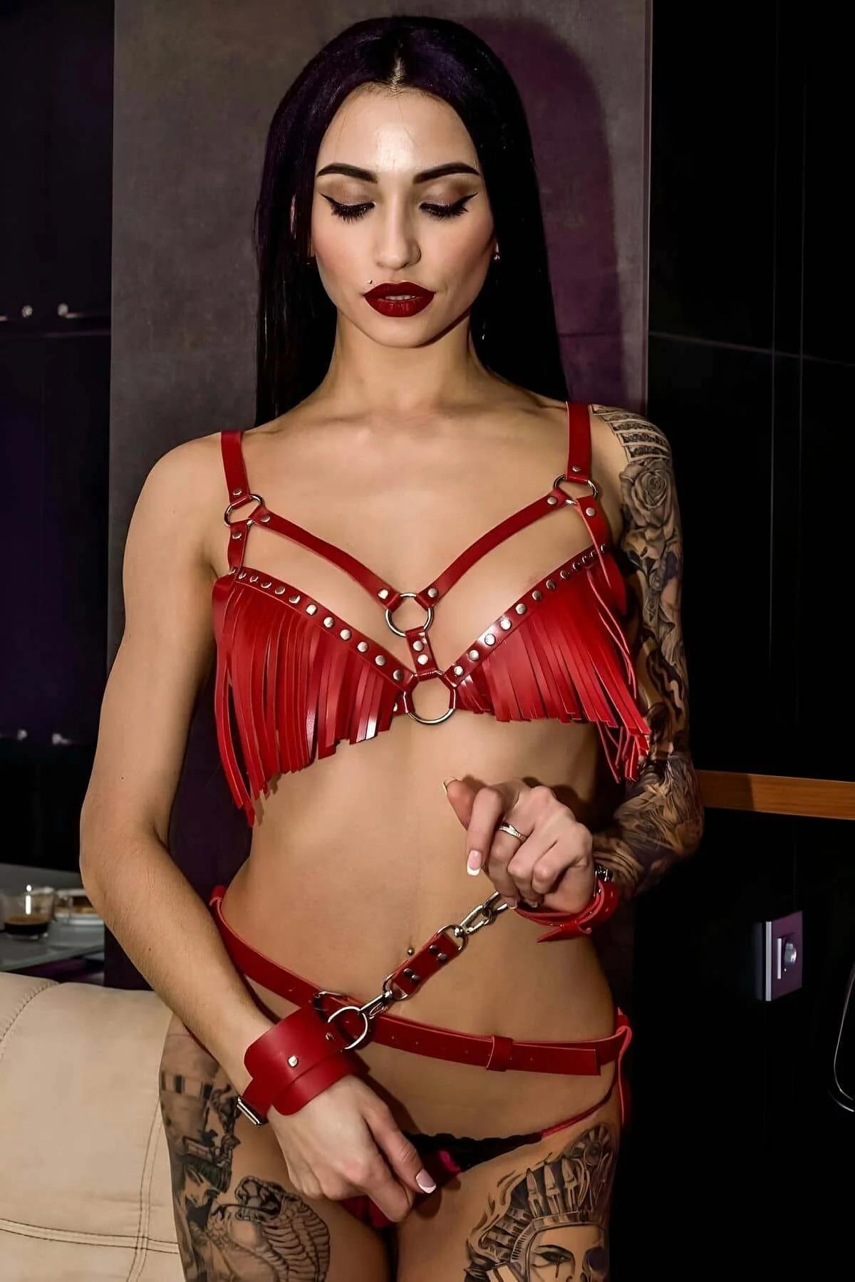 Red Leather Body Harness Bralette Set with Tassels & Cuffs
