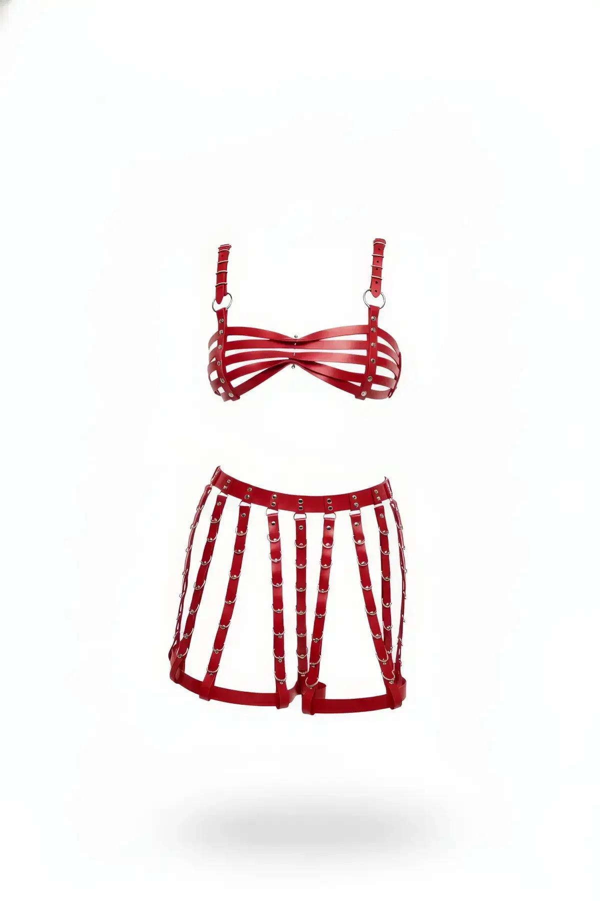 Red Caged Faux Leather Bra & Shorts Lingerie Set