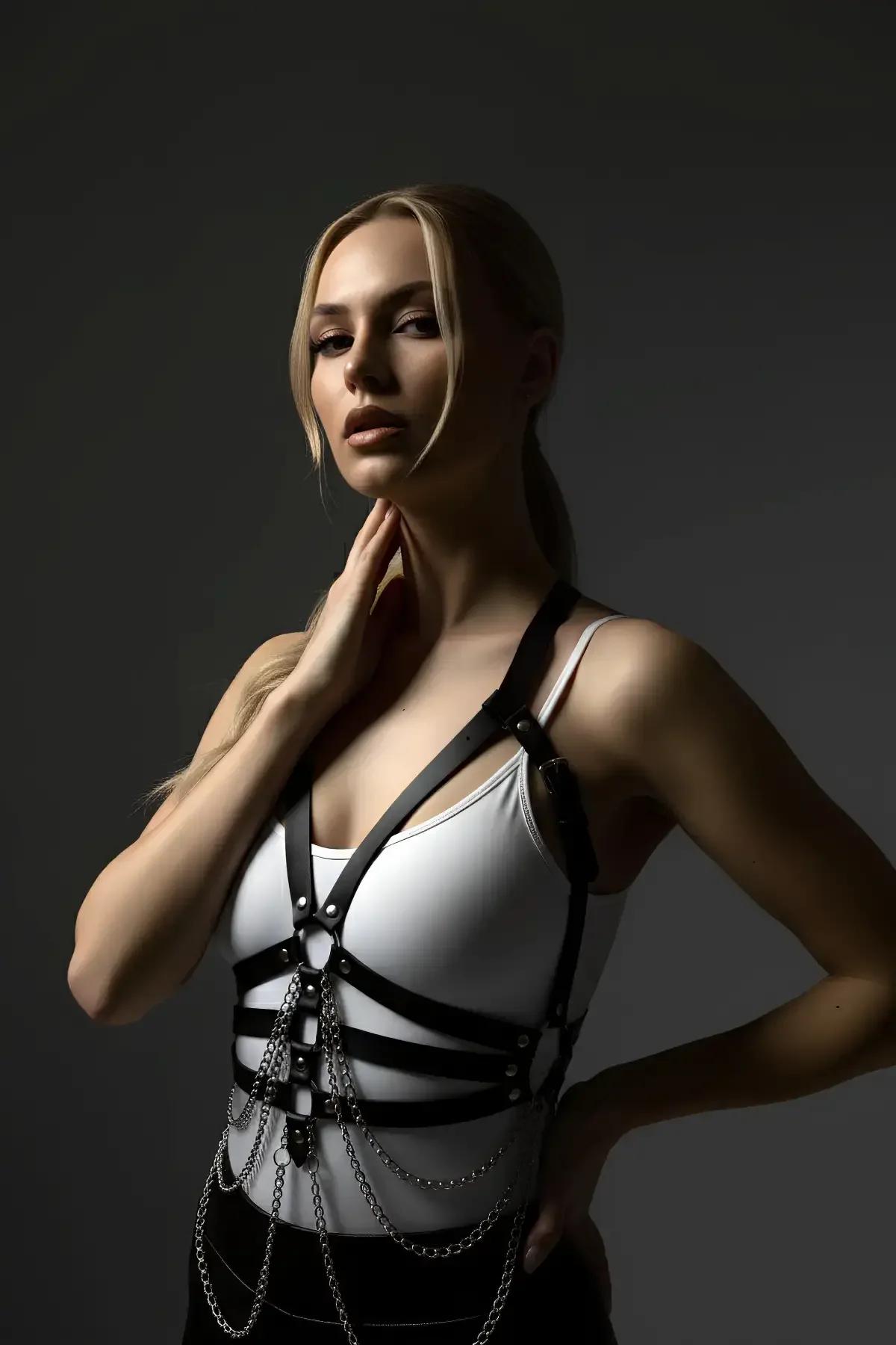 Strappy Faux Leather Chest Harness with Draped Chains