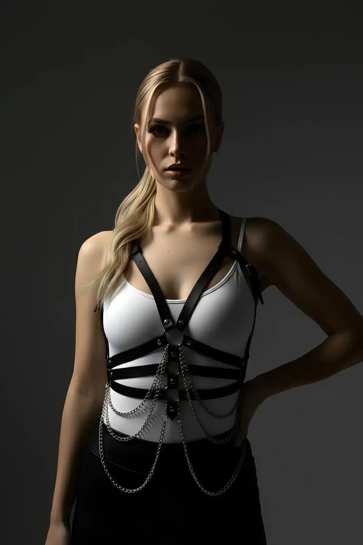 Strappy Faux Leather Chest Harness with Draped Chains
