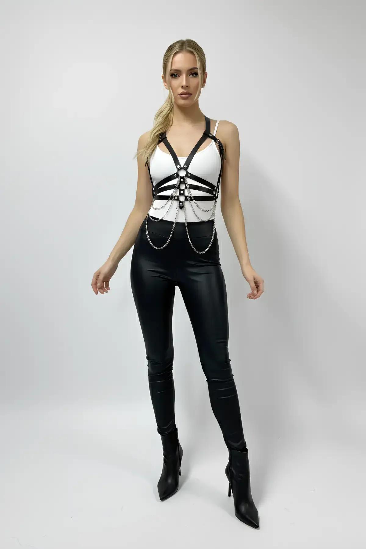 Strappy Faux Leather Chest Harness with Draped Chains
