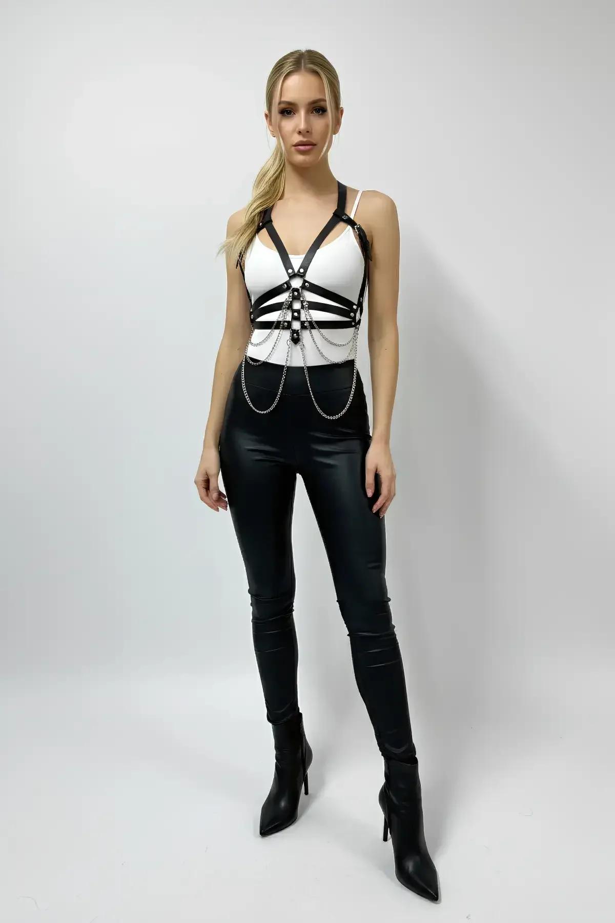 Strappy Faux Leather Chest Harness with Draped Chains