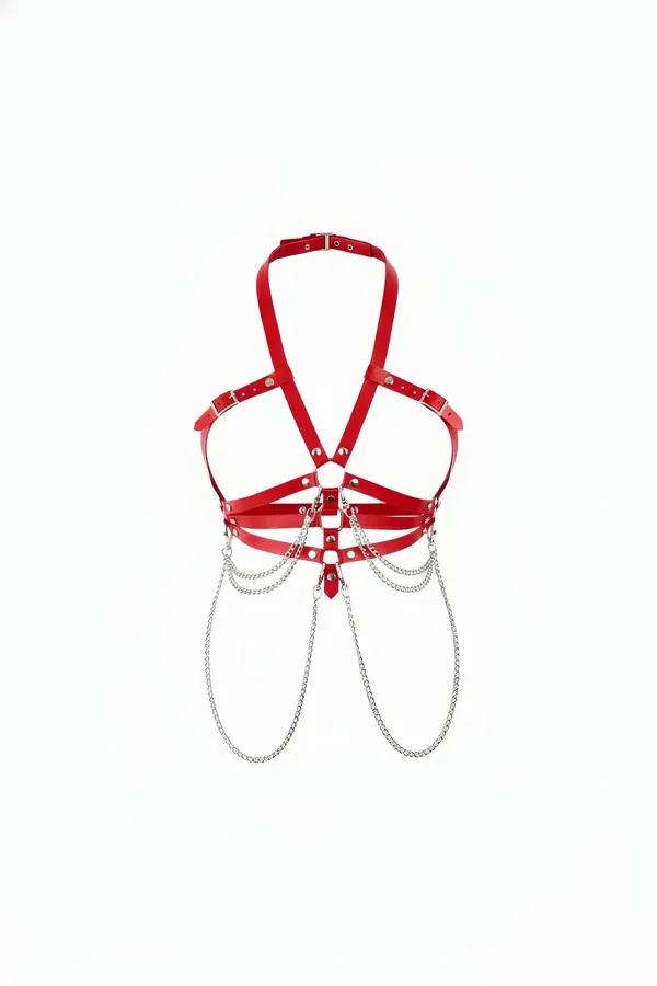 Red Faux Leather Halter Harness with Draping Chains