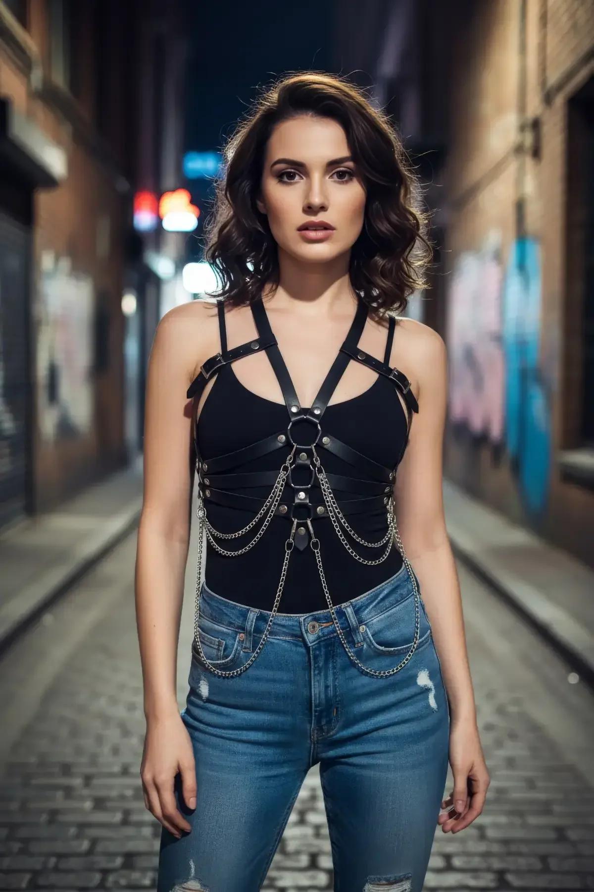 Faux Leather Body Harness with Cascading Chain Details