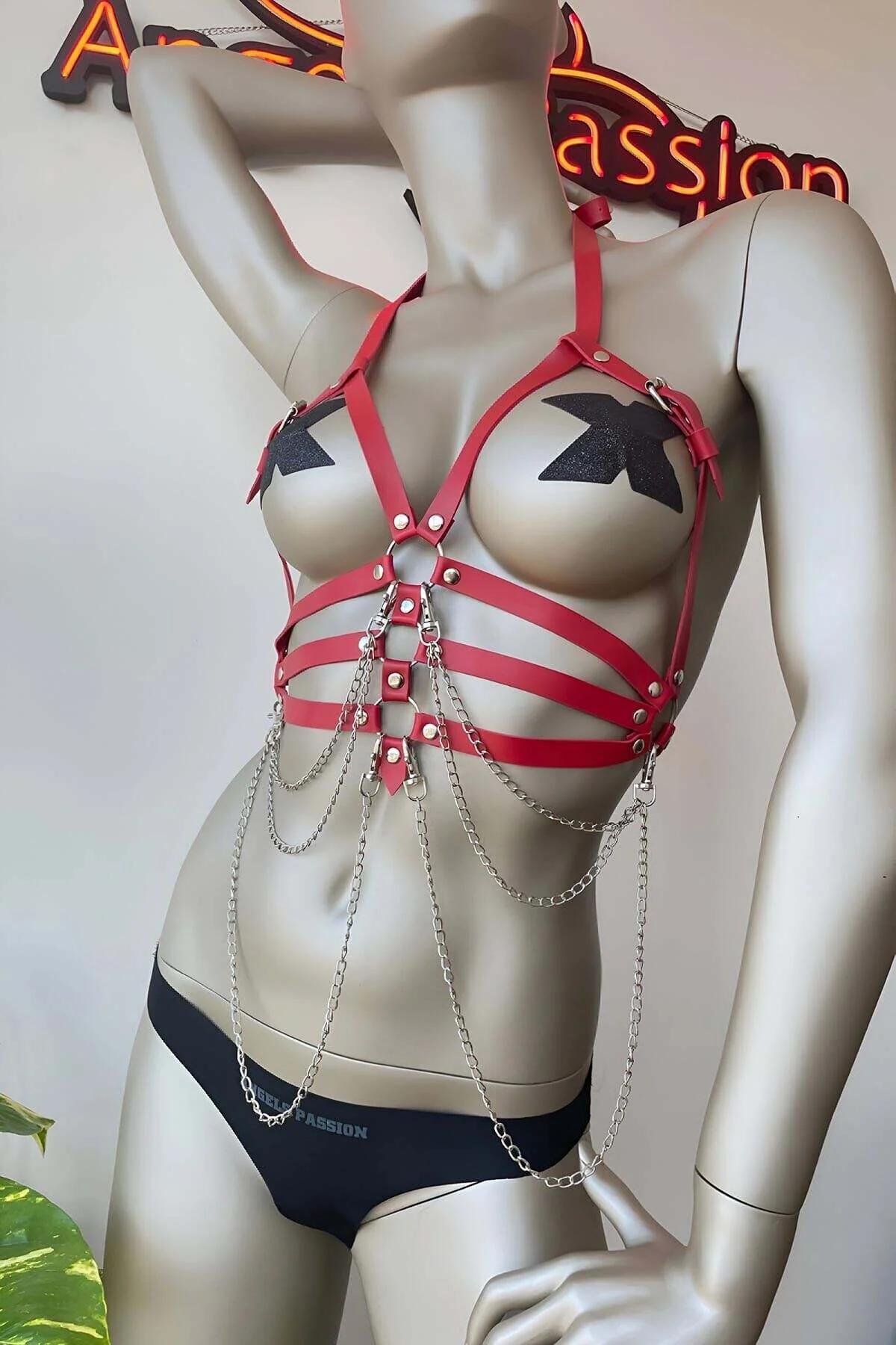 Red Faux Leather Body Harness - Adjustable Chest Straps