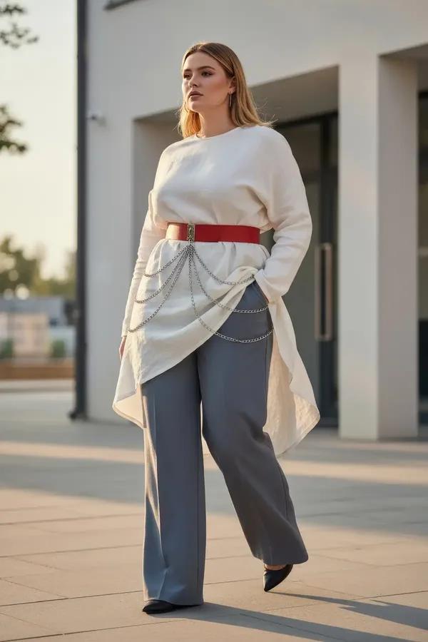 Red Faux Leather Waist Belt with Draped Silver Chains