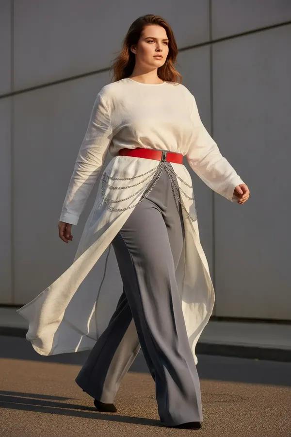 Red Faux Leather Waist Belt with Draped Silver Chains
