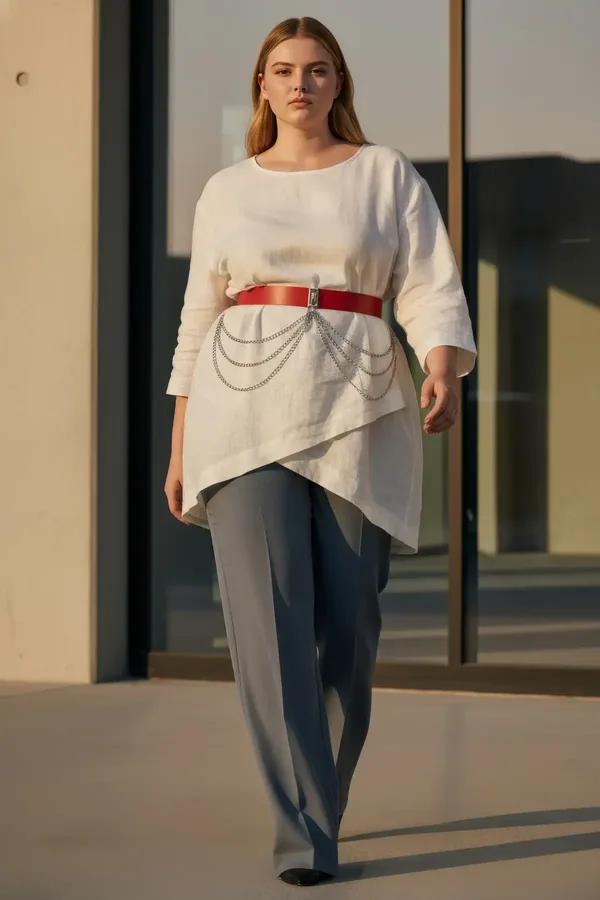 Red Faux Leather Waist Belt with Draped Silver Chains