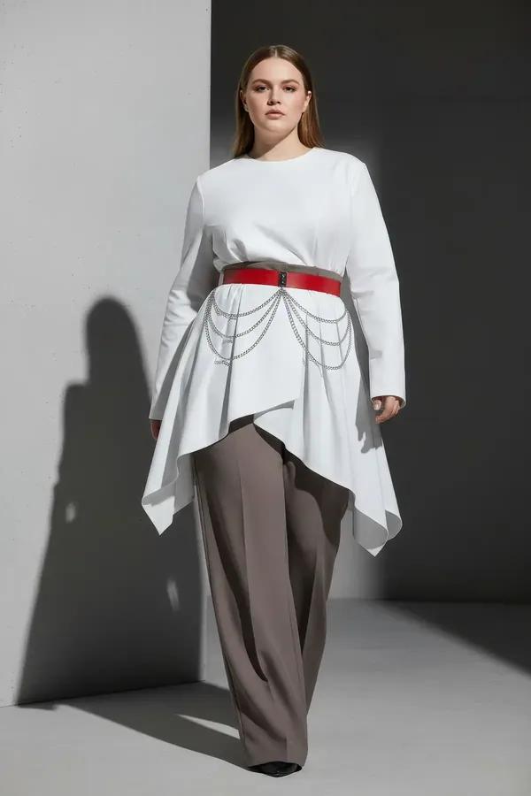 Red Faux Leather Waist Belt with Draped Silver Chains