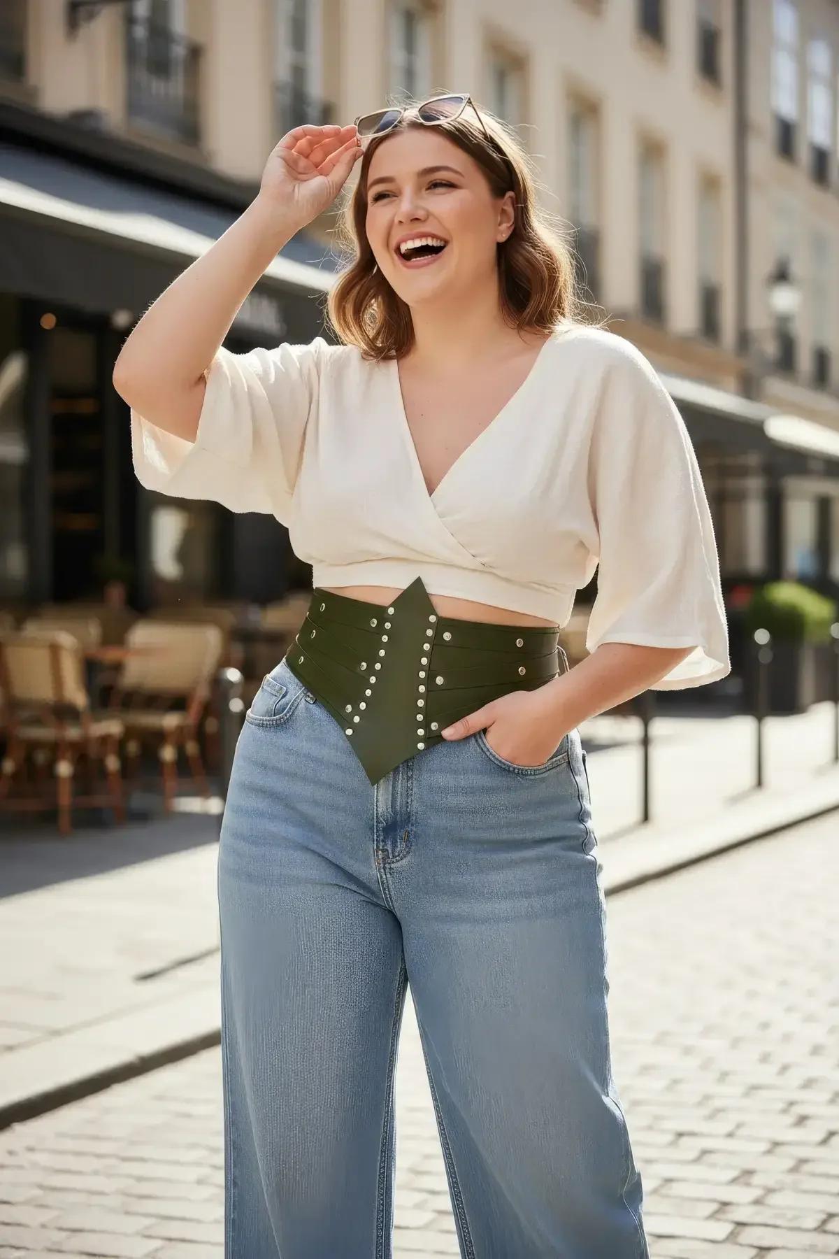 ខ្សែក្រវ៉ាត់ Corset ពណ៌បៃតងចាស់បង្ហាញពីគ្រាប់ដែកប្រាក់ដាំយ៉ាងស្អាតនៅលើសាច់ស្បែកសិប្បនិម្មិត