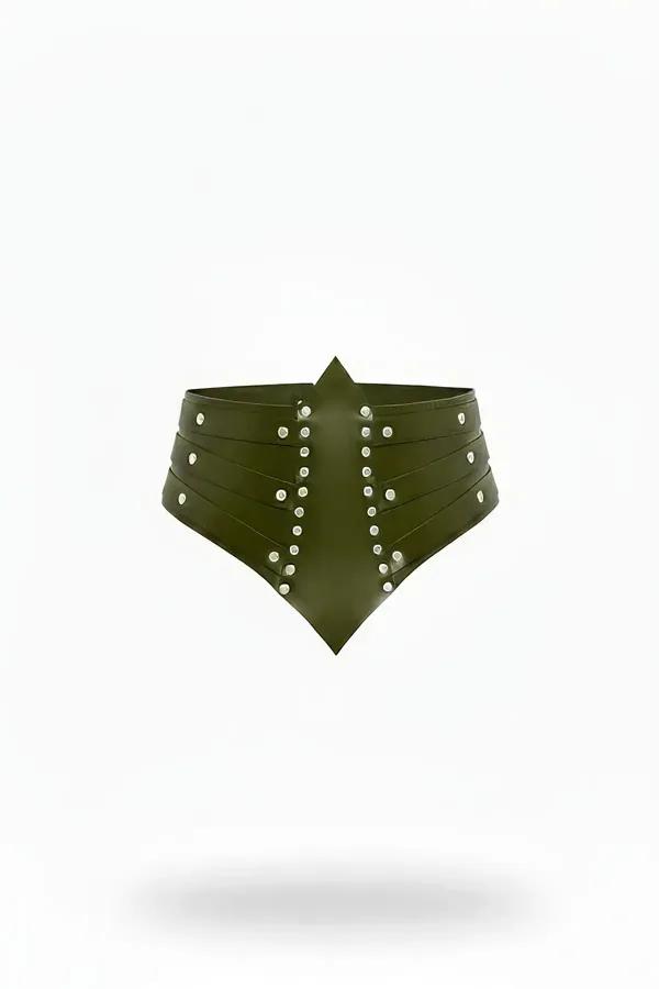 Khaki Studded Faux Leather Corset Waist Belt