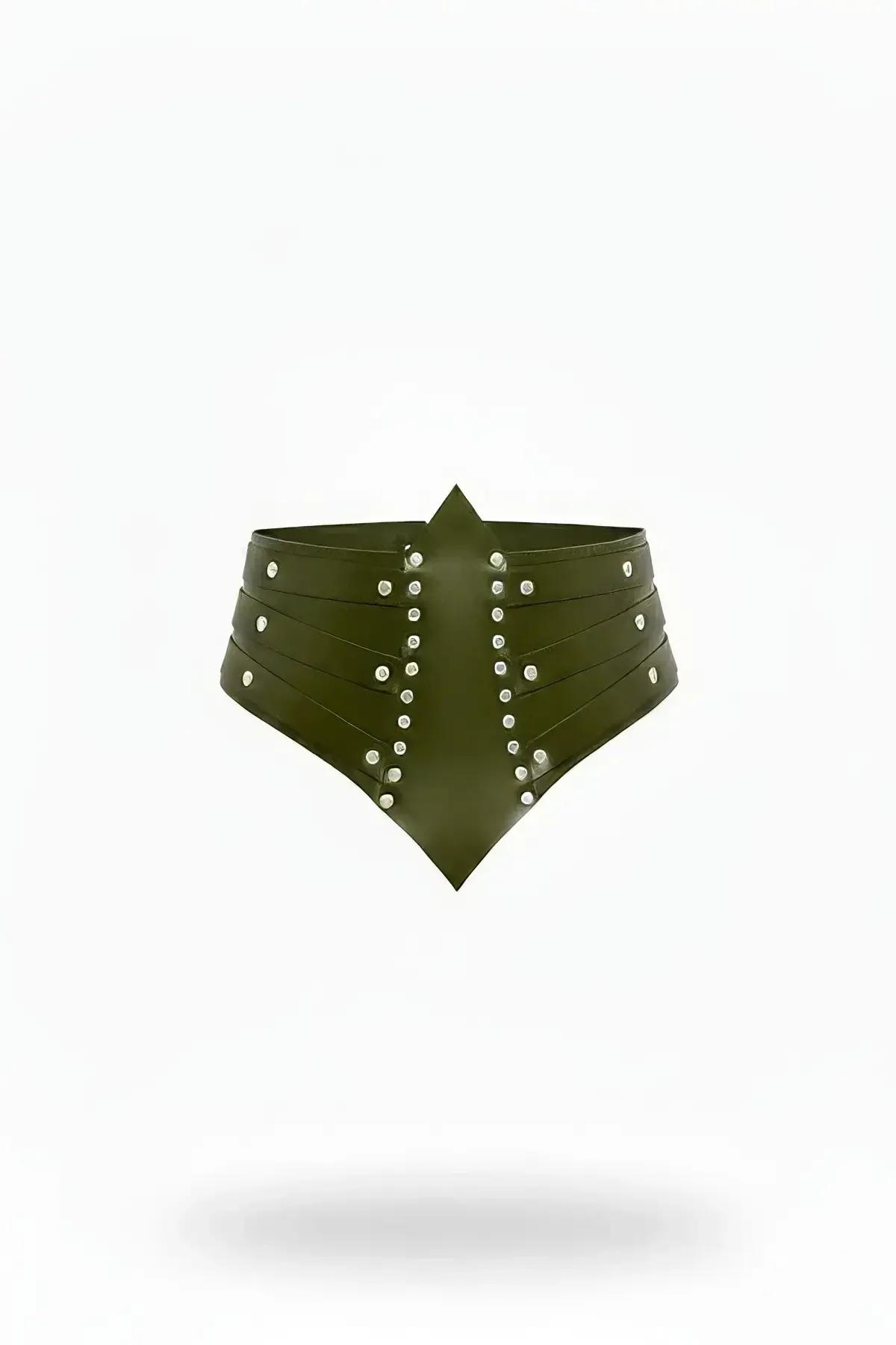 Khaki Studded Faux Leather Corset Waist Belt
