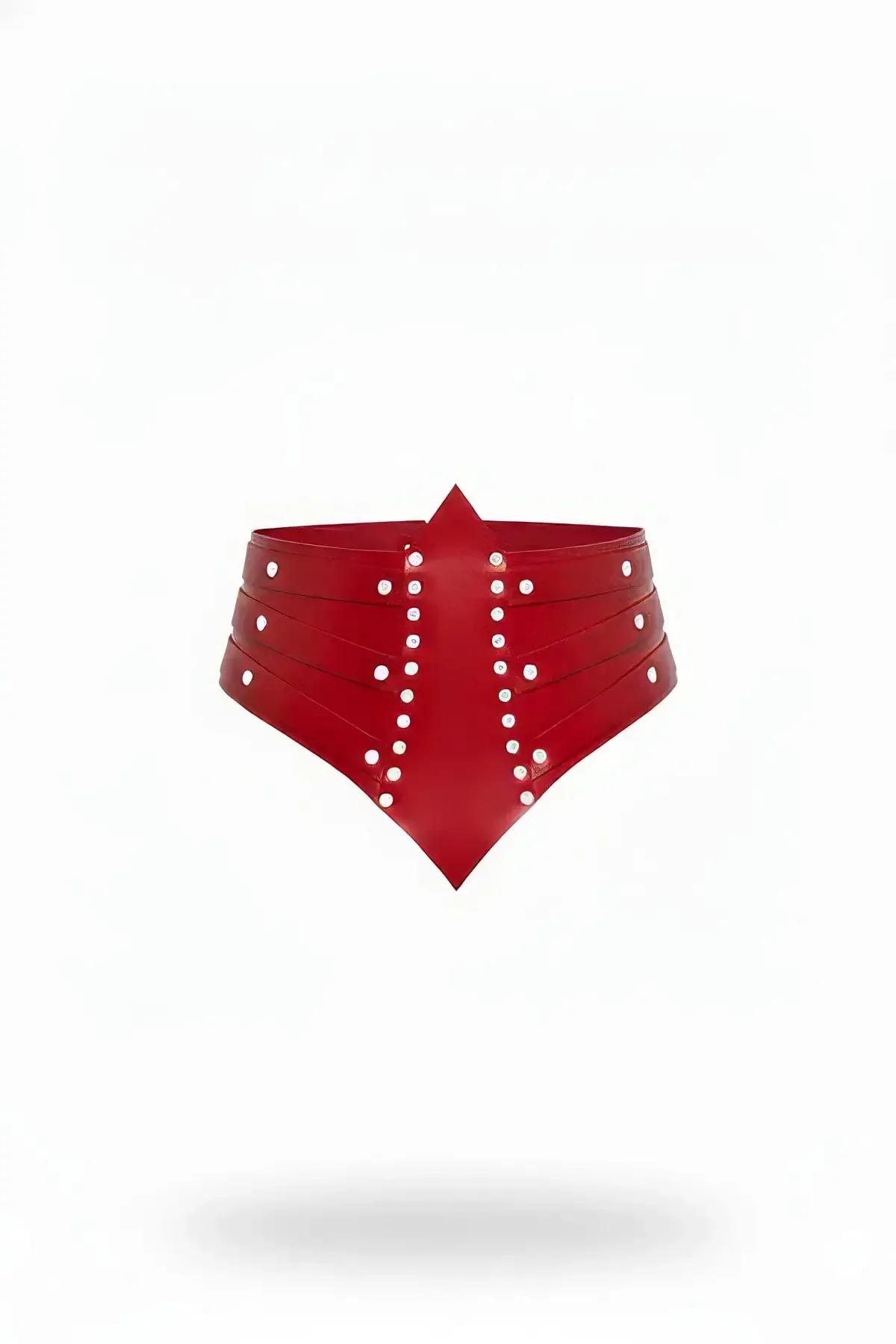 Red Faux Leather Wide Waspie Belt with Stud Details