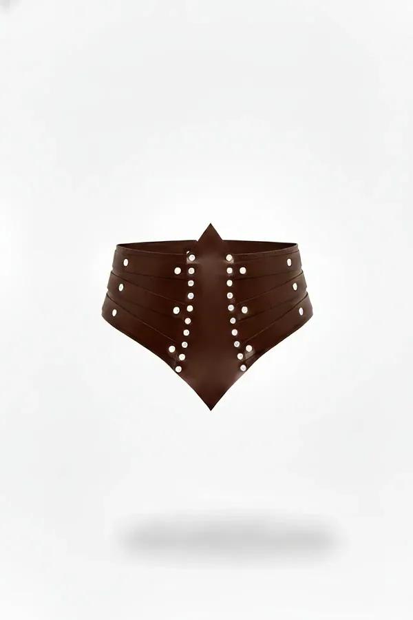 Studded Waist Cinch Harness in Rich Brown Faux Leather