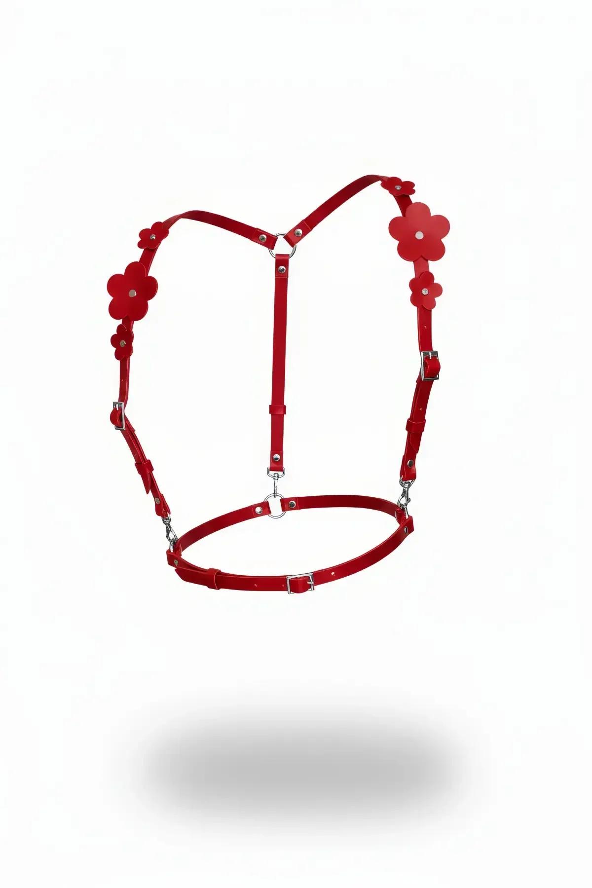 Red Floral Faux Leather Body Harness with D-Rings