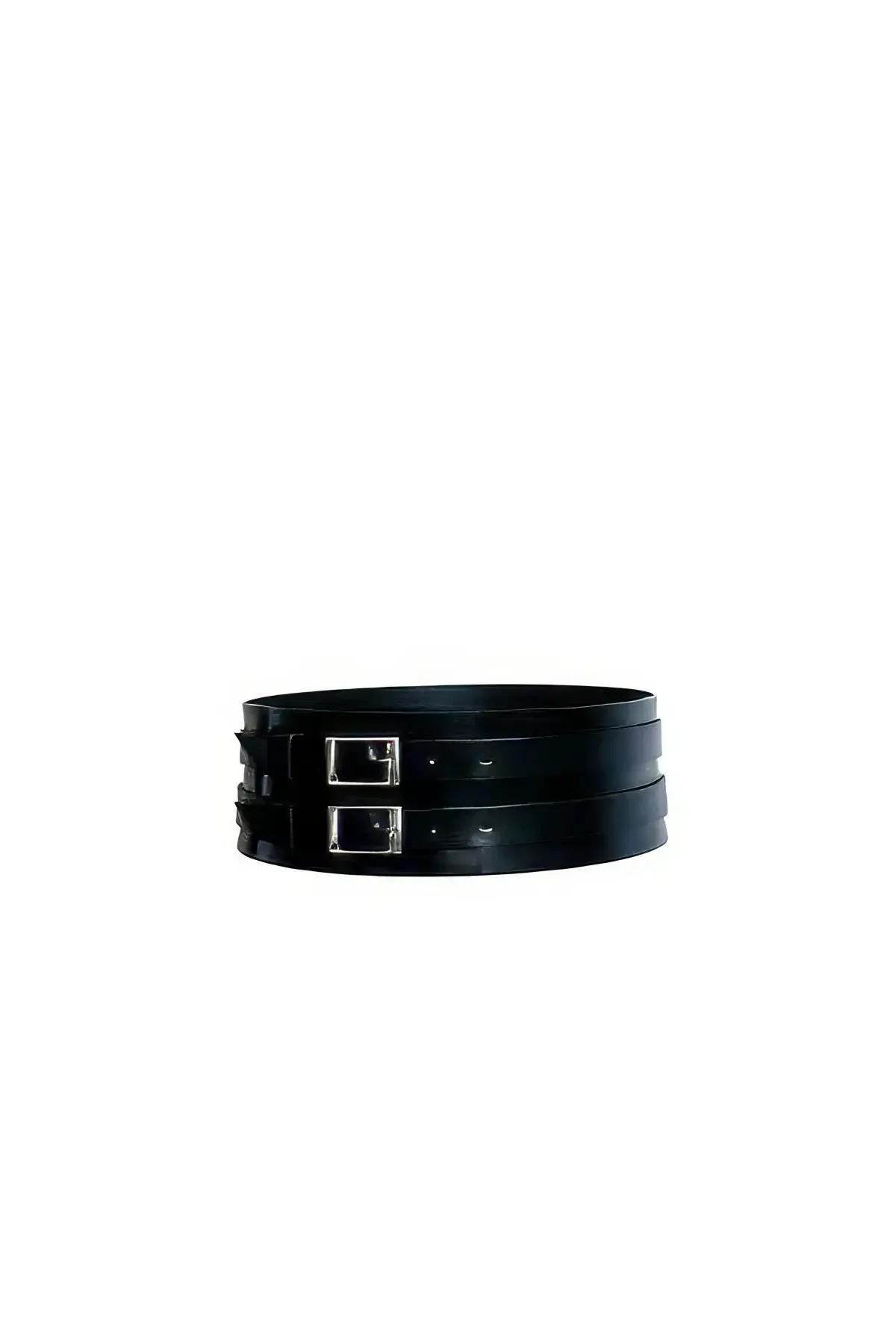 Wide Faux Leather Waist Belt with Double Buckle Detail