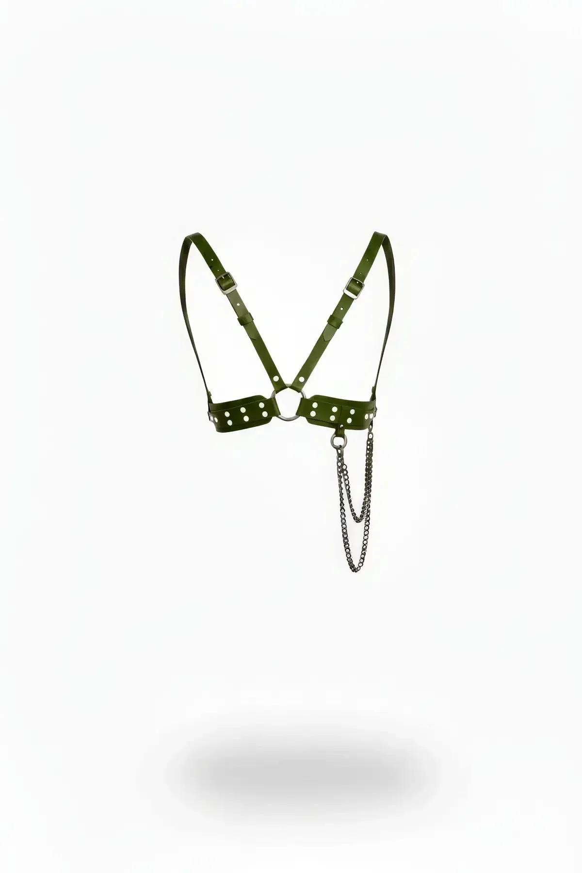 Khaki Faux Leather Chest Harness with Studs and Draped Chain