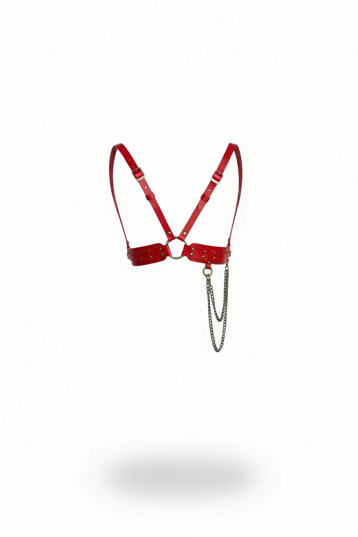 Red Faux Leather Chest Harness with Studs & Chain