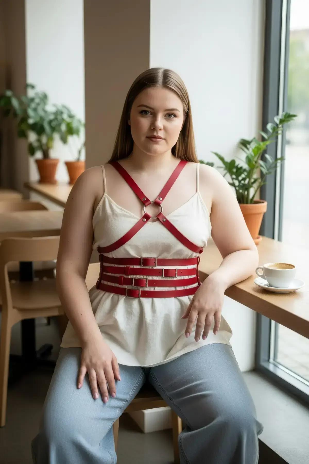 Red Faux Leather Waist & Chest Harness Set