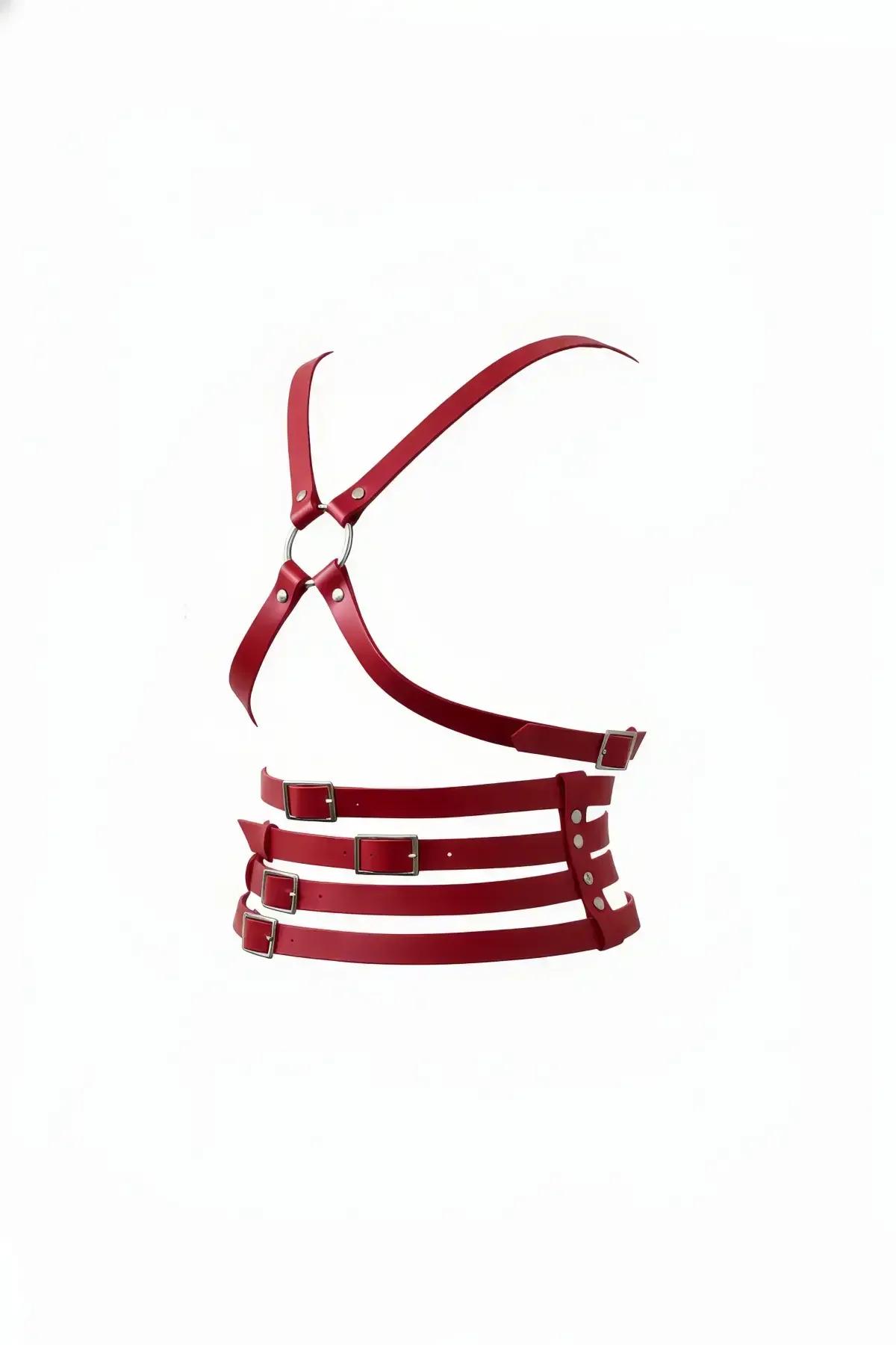 Red Faux Leather O-Ring Chest & Triple Waist Harness