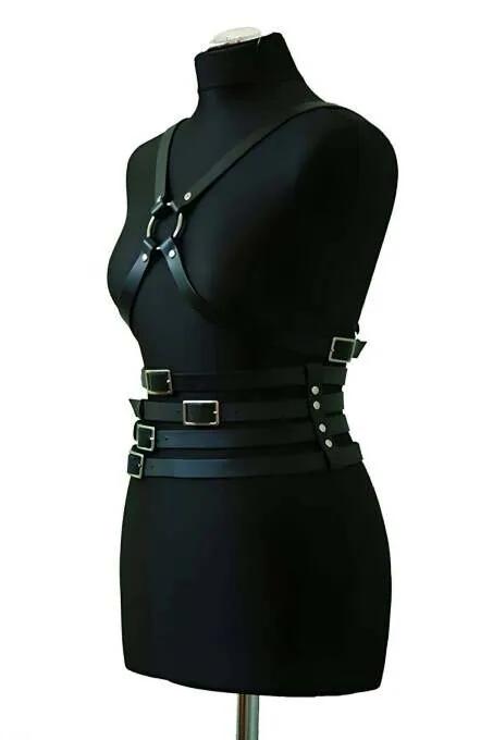 Waist-Cinching Faux Leather Body Harness with O-Ring Chest