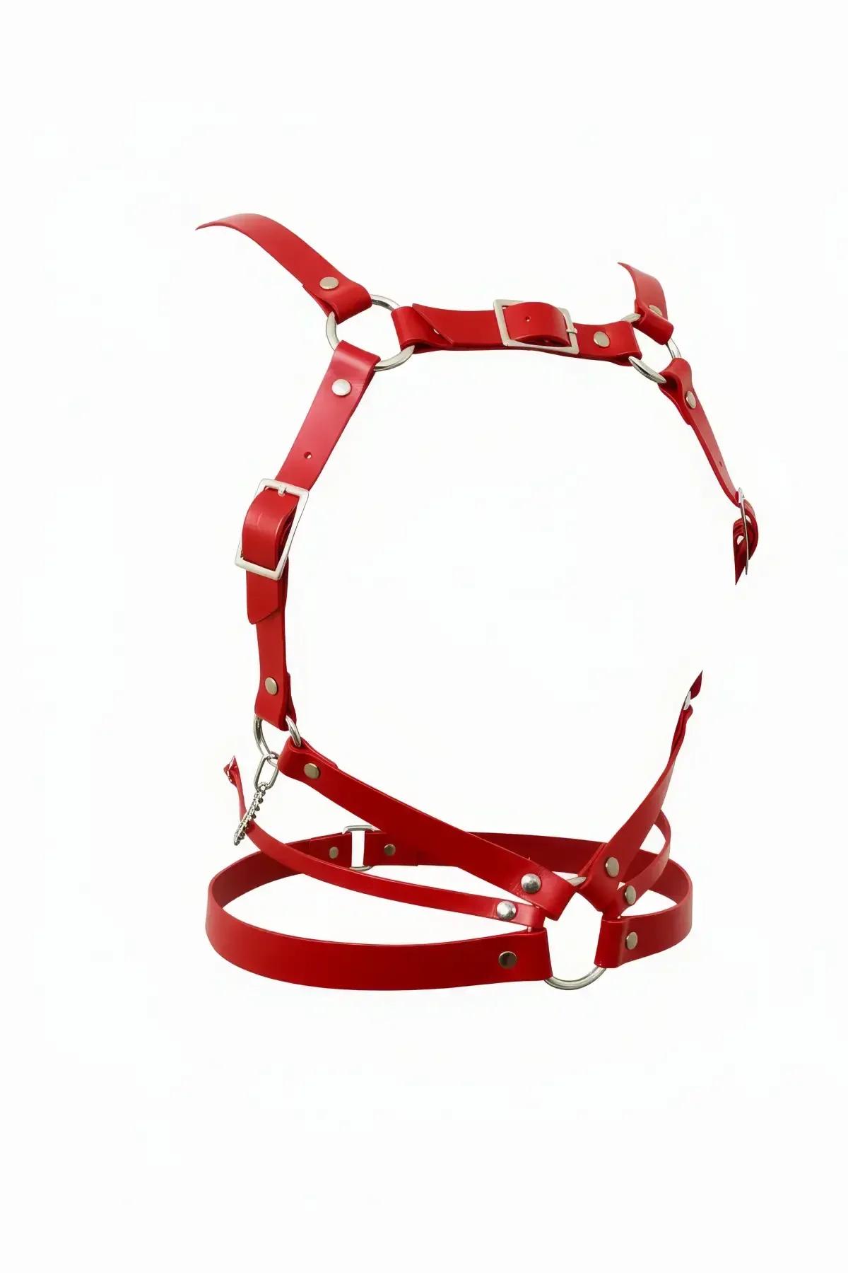 Red Faux Leather Multi-Strap Body Harness with O-Rings