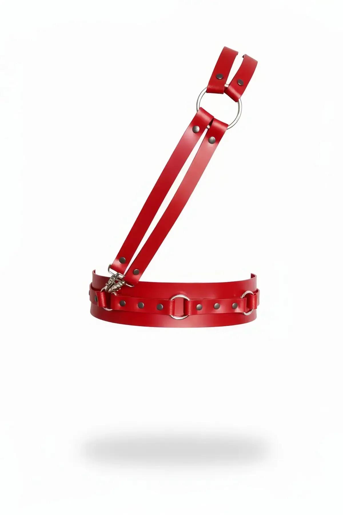 Red Faux Leather Chest Harness with O-Ring Accents