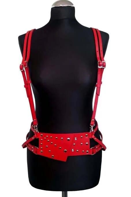 Red Leather Adjustable Body Harness with Stud Details