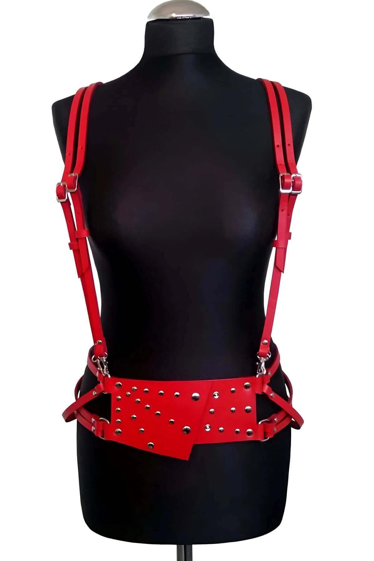 Red Leather Adjustable Body Harness with Stud Details