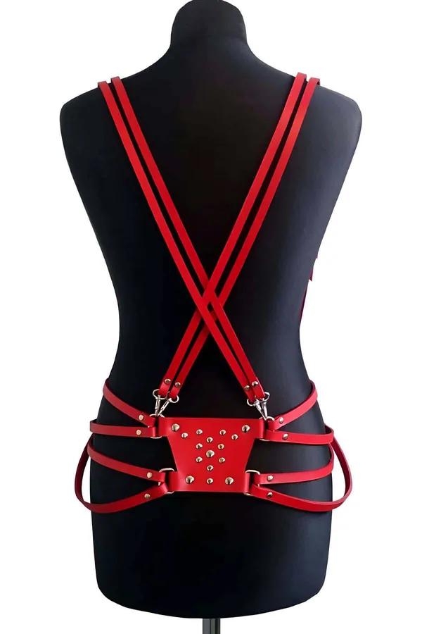 Red Leather Adjustable Body Harness with Stud Details