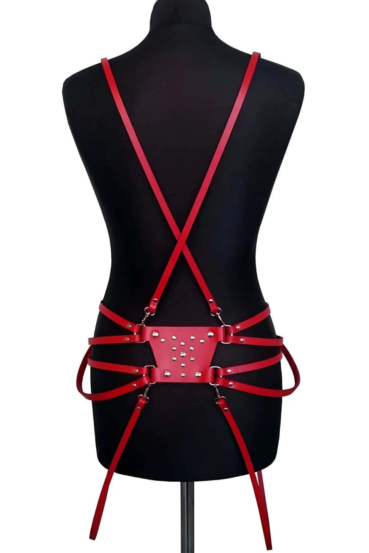 Red Leather Adjustable Body Harness with Stud Details