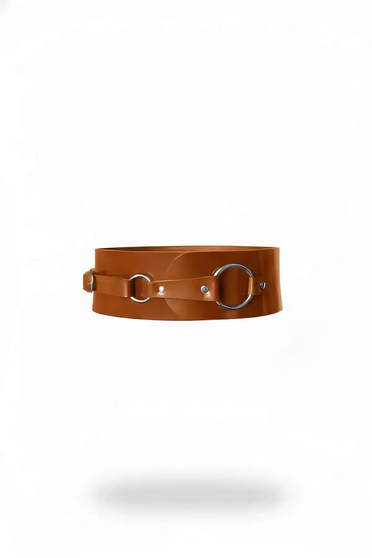 Cognac Faux Leather Waist Cinch Belt with O-Rings