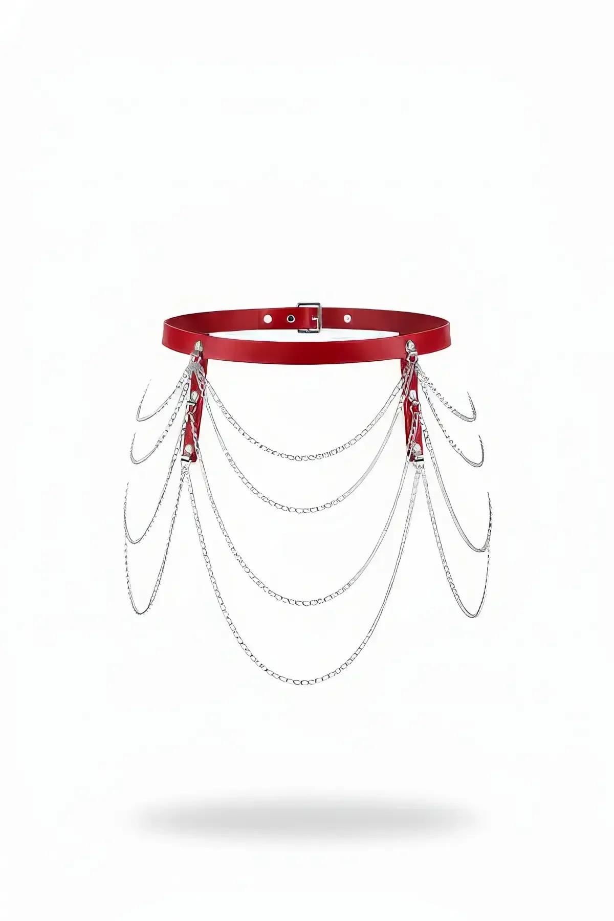 Red Faux Leather Waist Harness with Draped Chains