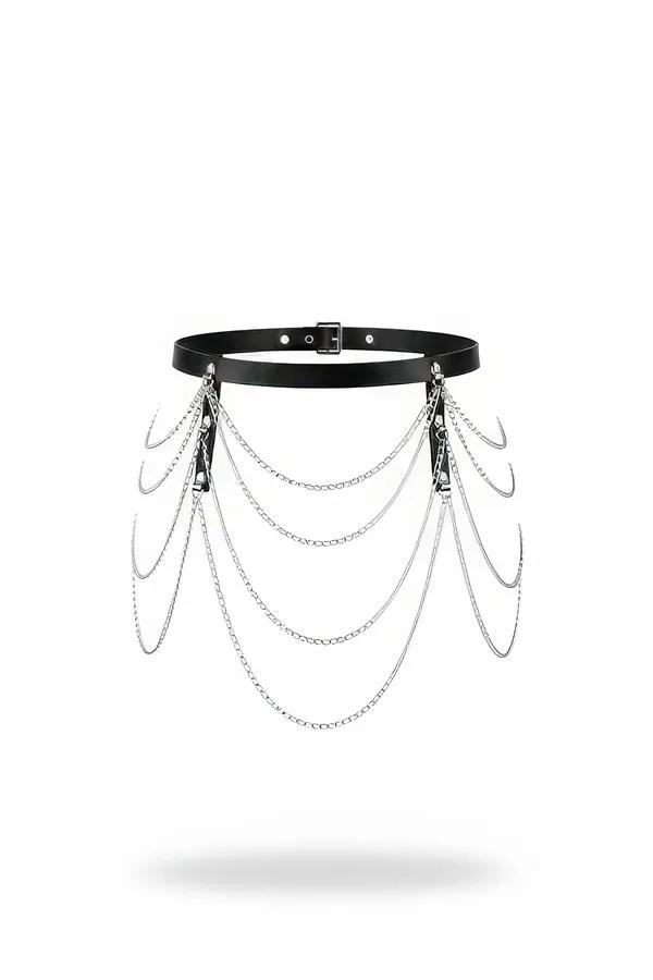 Faux Leather Waist Belt with Draped Silver Chains