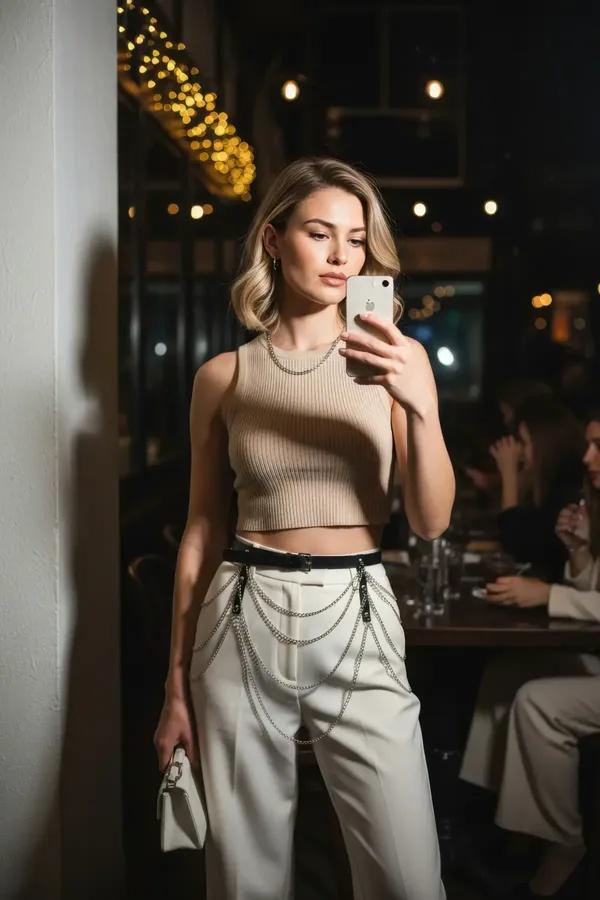 Draped Chain Belt with Faux Leather Harness Accent