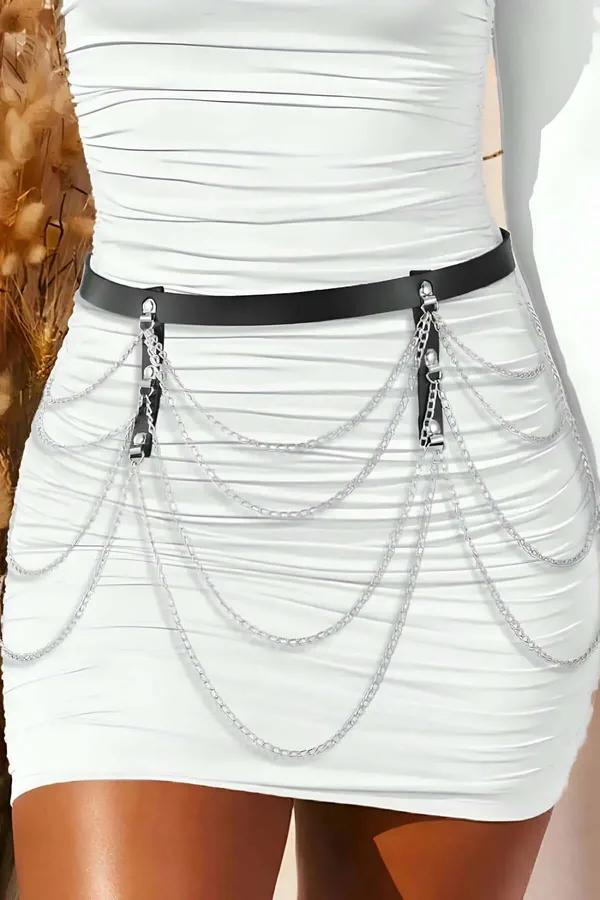 Faux Leather Belt with Layered Silver Chains