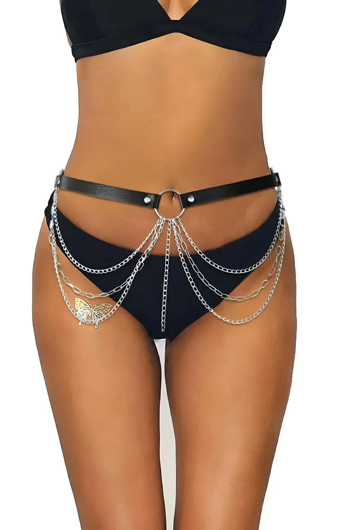 Chain Waist Belt Harness with O-Ring & Draping Silver Chains
