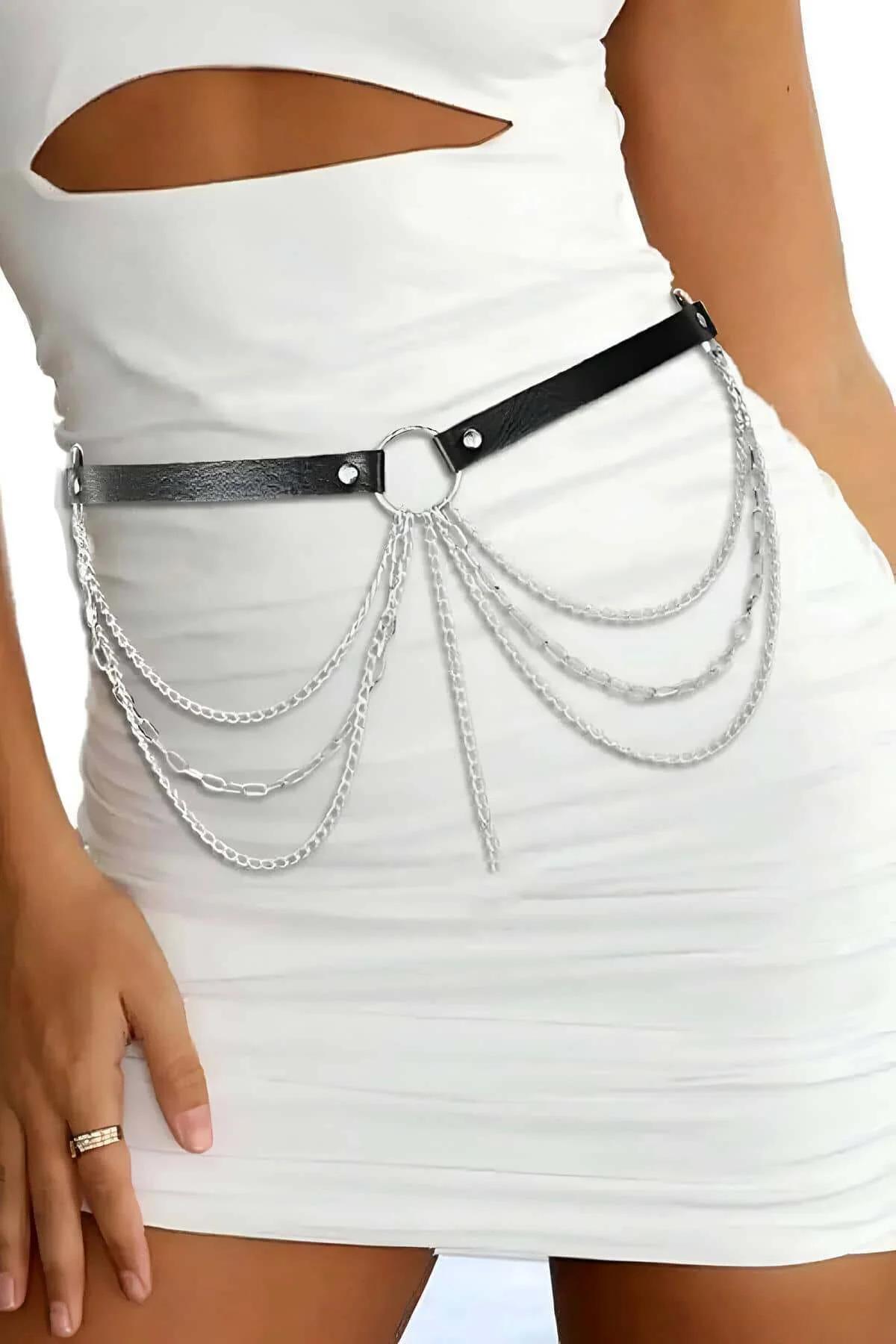 Chain Waist Belt Harness with O-Ring & Draping Silver Chains