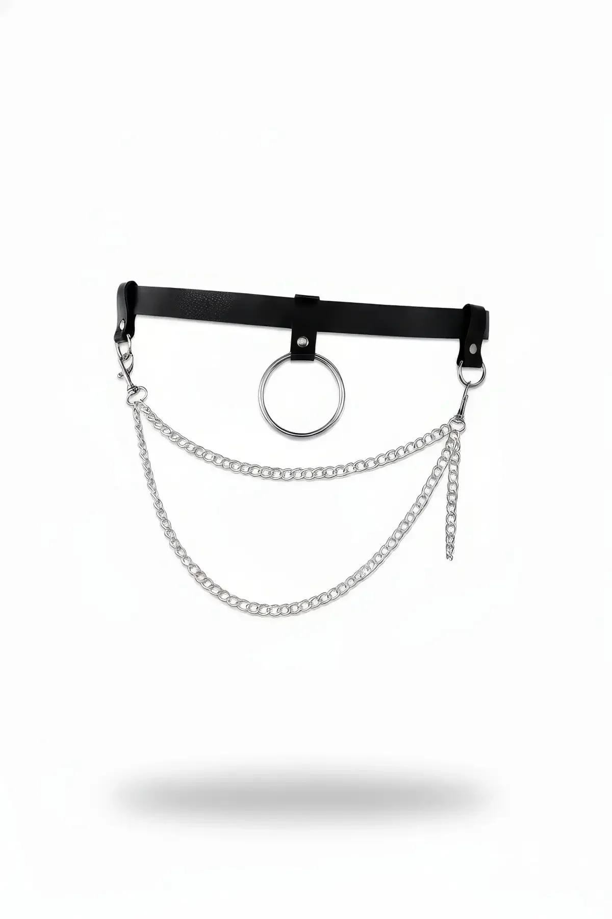O-Ring Faux Leather Waist Belt with Layered Chains